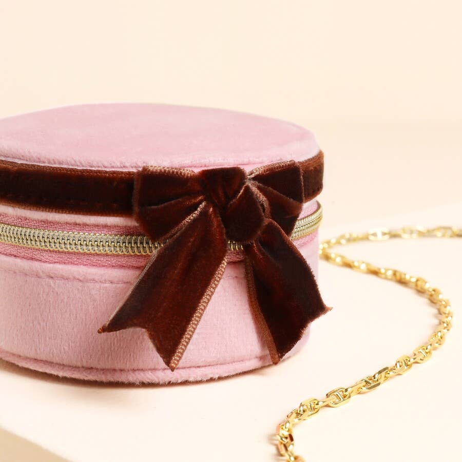 Pink and Burgundy Velvet Bow Mini Round Jewellery Case – hanson road